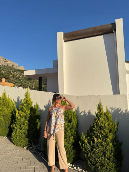 Top pañuelo de tirantes con cuello Halter y estampado artístico de retratos